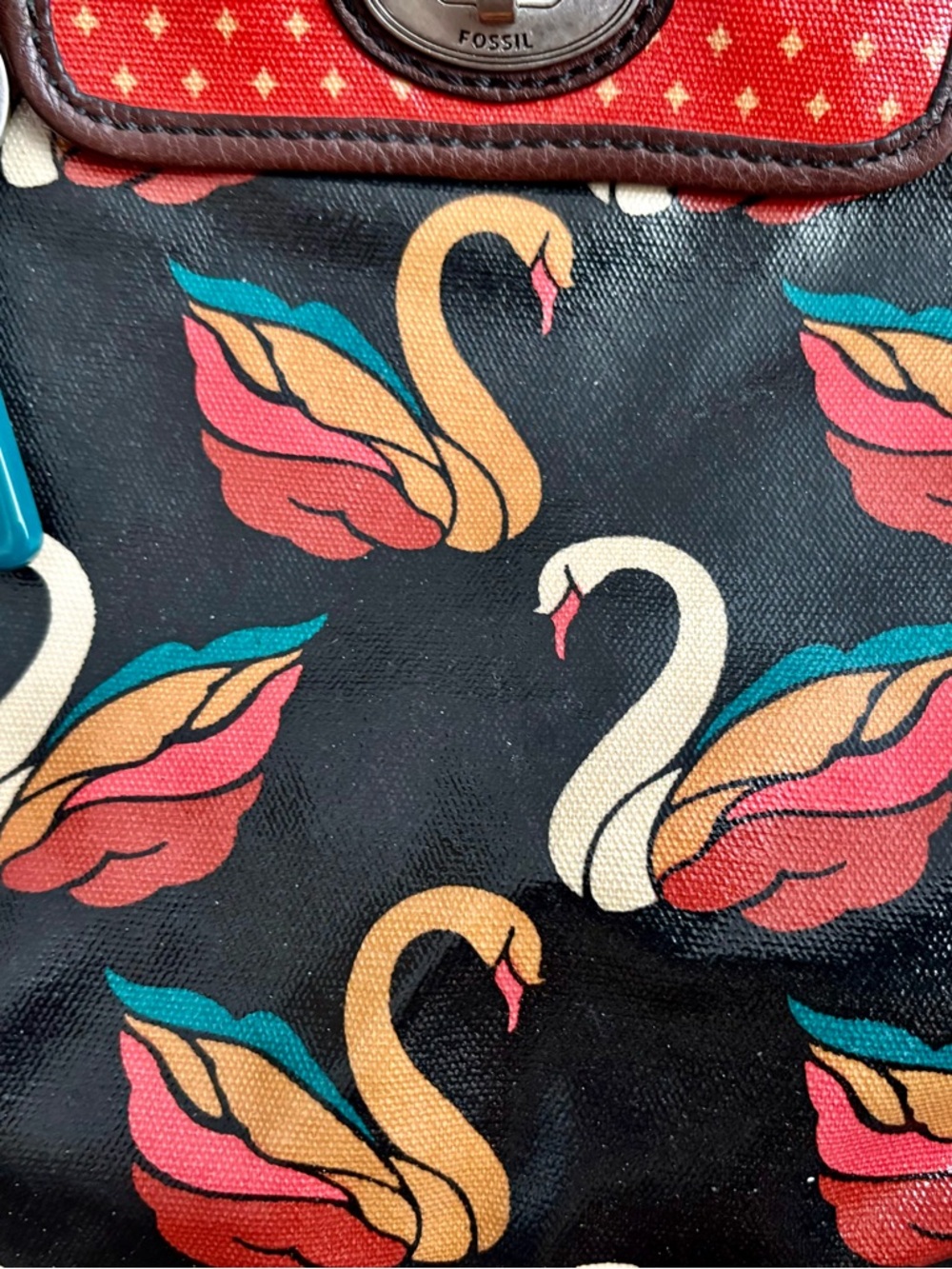Women's Fossil Key Swan Print Tote Bag in Black and Red - Picture 3 of 6